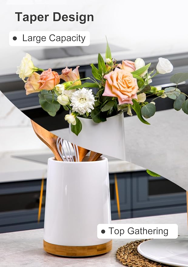 Nucookery 360° Rotating Utensil Holder, 8.2" Extra Large Ceramic Kitchen Utensil Holder for Countertop, Top Gathering Cooking Kitchen Decor for Counter (White)