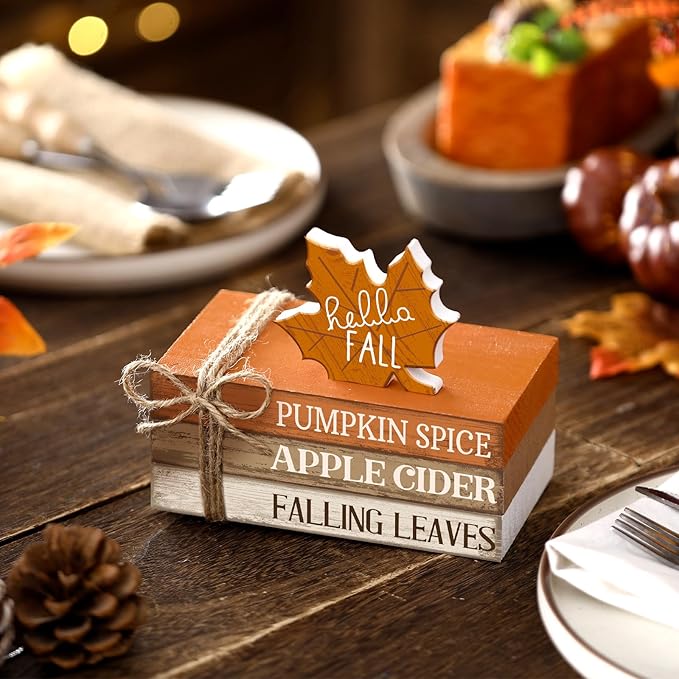 4 Pcs Fall Decorations for Home Fall Tiered Tray Decor Thanksgiving Wood Book Stack with Sign Autumn Stacked Book Decor Bundle for Office Table Shelf Decorative Trays(Maple Leaf)