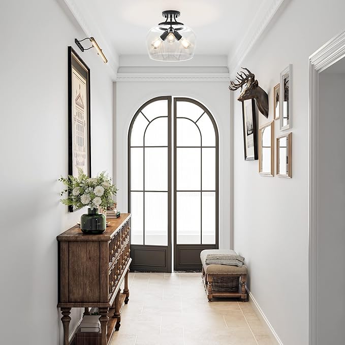 VONLUCE Semi Flush Mount Ceiling Light, 13.8" Ceiling Light Fixture with Clear Glass Shade, E26 Base, 3-Bulb Industrial Lighting Fixture for Dining Room Hallway Entryway Bedroom, Matte Black