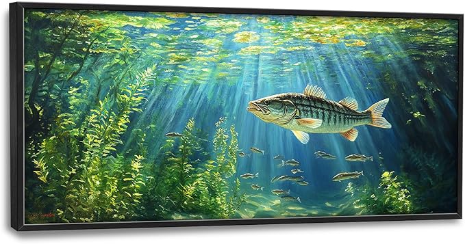 Flintis Large Ocean Fish Framed Wall Art Natural Green Plants Pictures Wall Decor Abstract Fishing Canvas Painting Print Artworks Decor Framed for Living Room Bathroom Master Bedroom 60L X 30W