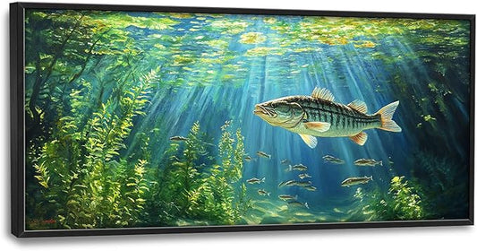 Flintis Large Ocean Fish Framed Wall Art Natural Green Plants Pictures Wall Decor Abstract Fishing Canvas Painting Print Artworks Decor Framed for Living Room Bathroom Master Bedroom 60L X 30W