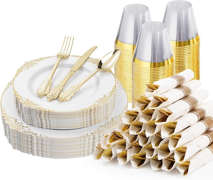 175PCS Gold Plastic Plates for 25 Guests, Disposable Dinnerware Sets Include 50 Gold Rim Plastic Plates, 25 Silverwares, 25 Cups, and 25 Pre Rolled Napkins for Party, Wedding and Graduation