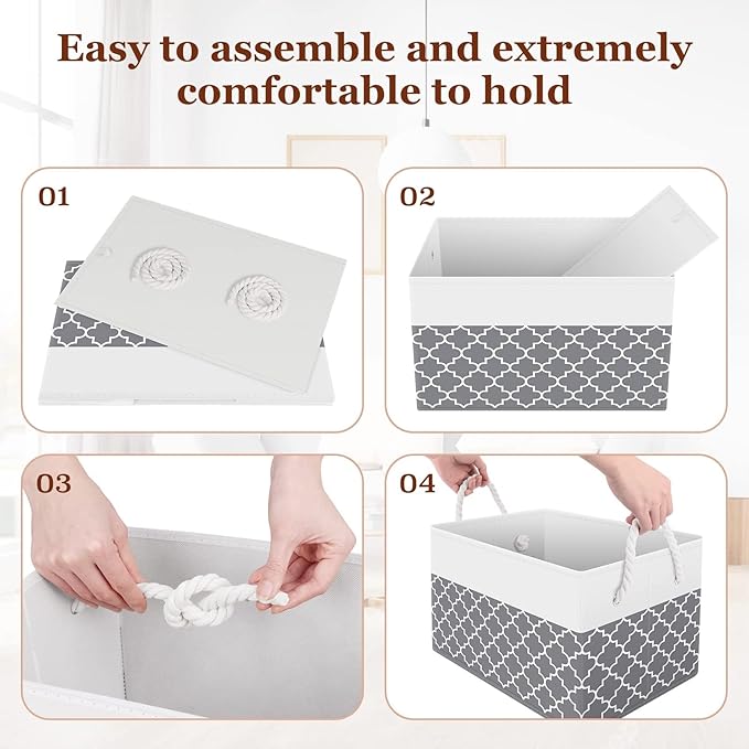 Fab totes Storage Bins [2-Pack], Foldable Storage Baskets for Organizing Toys, Books, Shelves, Closet, Large Storage Box with Rope Handles, Sturdy Organizer Bins,Clover Grey