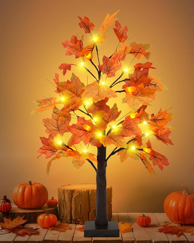 Uieke 24inch Lighted Artificial Fall Maple Tree Fall Decor 24 LED Tabletop Fall Tree with 6 Pne Cones Lights Battery Operated with Timer, Fall Decorations for Home Thanksgiving Autumn Harvest Decor