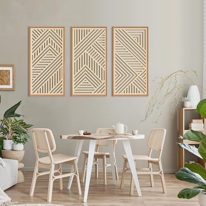 IARTTOP 3 Pieces Wood Boho Wall Art Framed Mid century Modern Wooden Wall Decor Large Minimalist Geometric Line Decor for Living Room Bedroom Office-16 x32