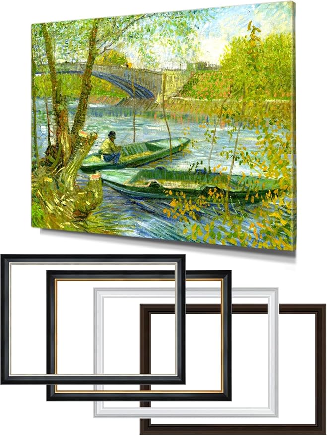 DECORARTS - Fishermen and Boats from the Pont de Clichy by Vincent Van Gogh, Large Giclee Canvas Print with Solid Wood Frame, Oversized Wall Art Decor
