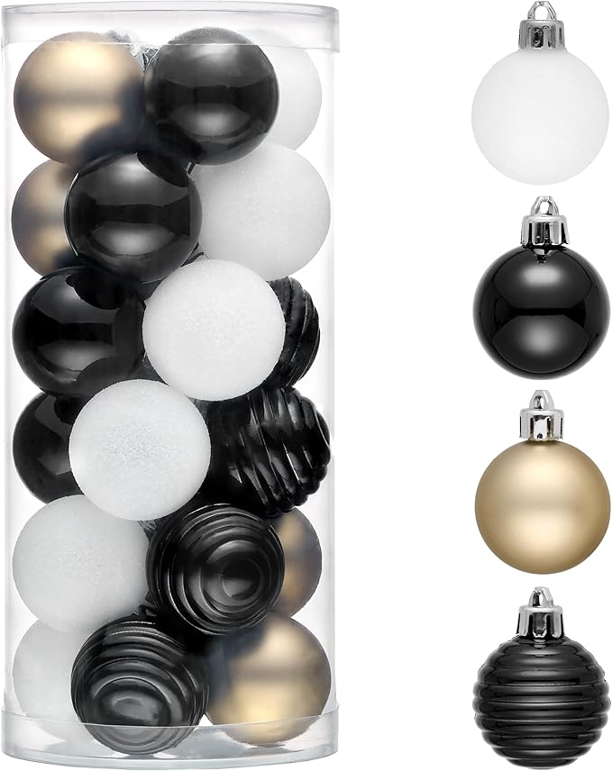 Valery Madelyn 1.57 Inches Small Christmas Tree Decorations Ornament Set for 4th of July Fall Halloween, 24ct Black White Gold Shatterproof Hanging Ball Ornaments Holiday Party Decor
