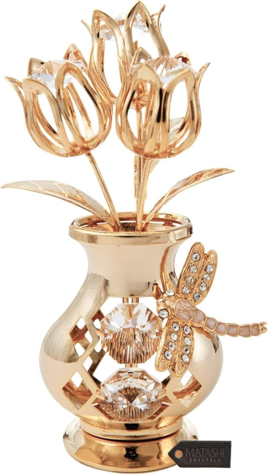 Matashi Valentine's Day Gift for Her - Flower Bouquet Vase with Dragonfly, Clear Crystal Studded 24K Gold Plated Tabletop Ornament for Women, Mom, Daughter, Friends & Family