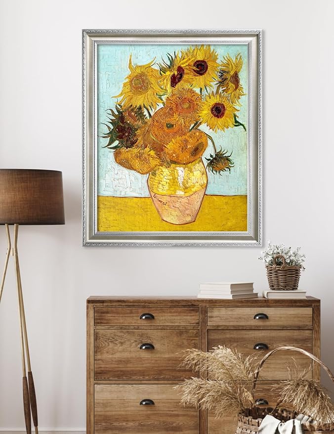 DECORARTS - Twelve Sunflowers by Vincent van Gogh, Museum-Quality Giclee Canvas Print with Silver Solid Wood Frame, 34.75 x 28.75 in, Ready to Hang, Made in USA