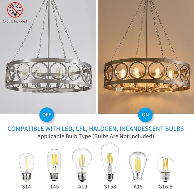 XINGQI Large Drum Chandelier 32.3" Modern Brushed Nickel 8-Light Round Chandeliers for Dining Room Living Room Office Kitchen Island Rustic Pendant Lighting Fixture Over Table