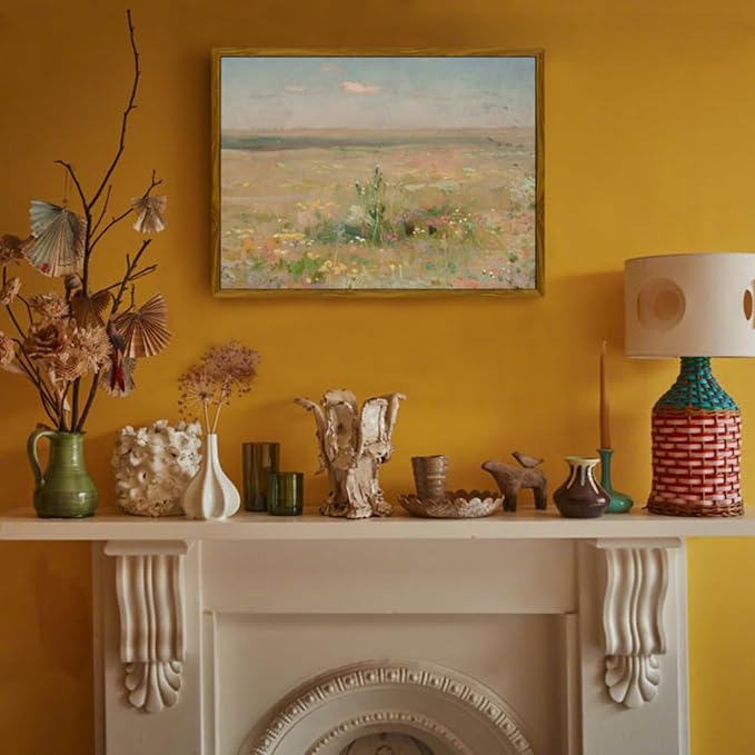 crmotu Vintage Framed Wall Art, Meadow Landscape Canvas Prints, Wildness Scenery Nature Wall Decor Pictures, Watercolor Aesthetic Wall Paintings for Living Room Bedroom Kitchen Artwork 12x16in