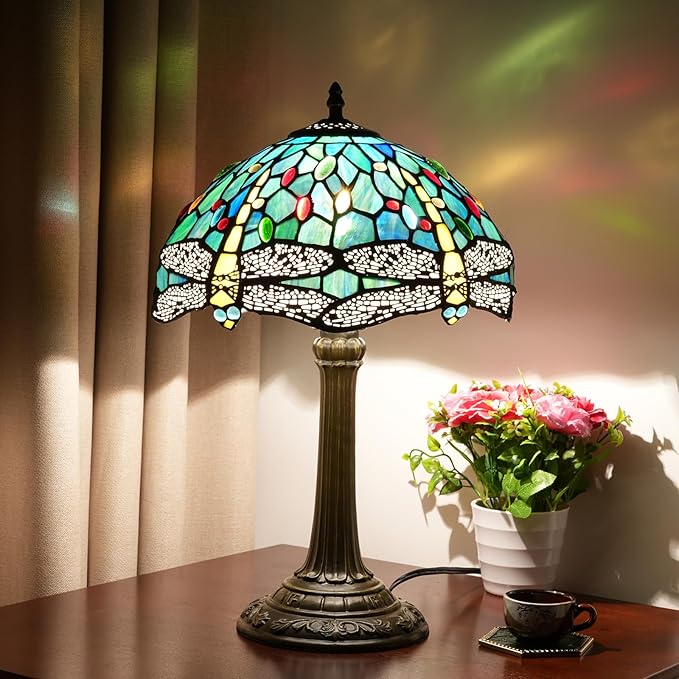 Tiffany Style Stained Glass Table Lamp 12 Inch Blue and Green Dragonfly Reading Bedside Lamp Suitable for Study Dormitory Bedside Coffee Shop Retro Table Lamp Home Decoration Art