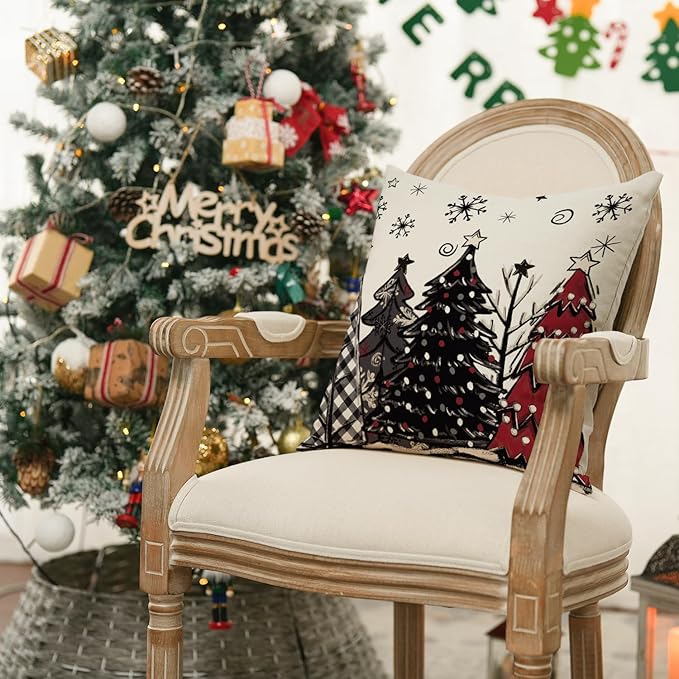 AVOIN colorlife Merry Christmas Joy Xmas Trees Red Throw Pillow Covers, 16 x 16 Inch Christmas Winter Holiday Cushion Case Decoration for Sofa Couch Set of 4
