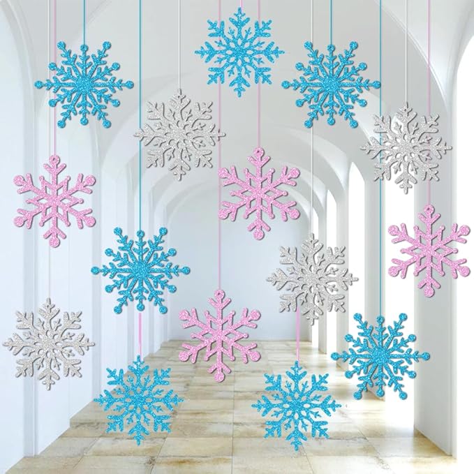 Winter Snowflake Hanging Ornaments Decors, Frozen Snowflakes Ceiling Streamers Sparkly Snow Decor for Christmas Birthday Winter Wonderland New Year, Glitter Pink Blue Sliver Snowflake Garland