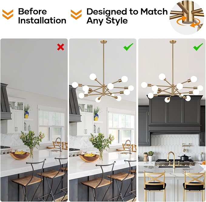 Sputnik Chandeliers Dining Room Light Fixture (12-Light, 33-Inch), Modern Brass Chandelier, Height Adjustable Mid Century Modern Chandeliers for Dining Room Kitchen Bedroom (Bulbs not Included)