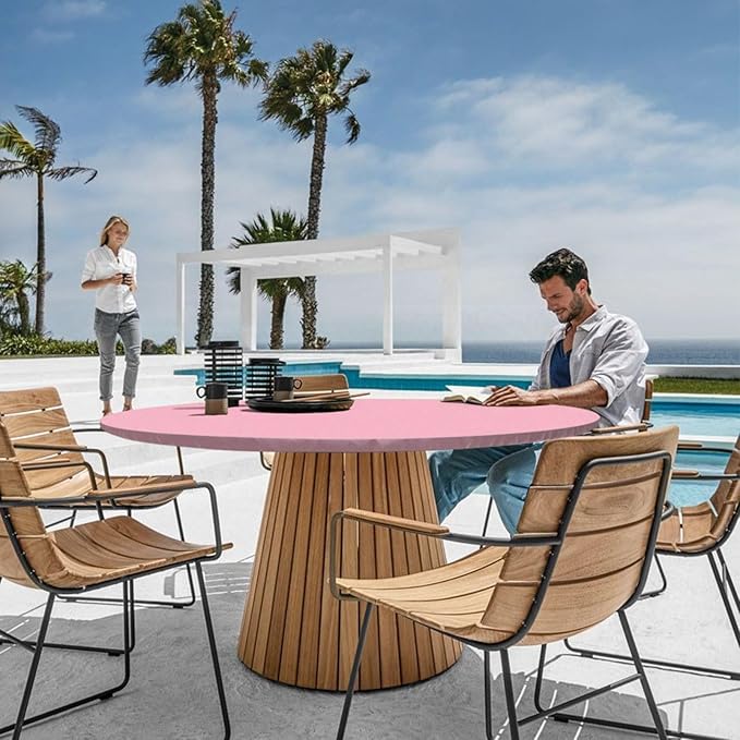 Fitted Pink Round Tablecloth for 36-44" Tables Waterproof Vinyl Mantel Redondo Para Mesa De 6 Sillas Accesorios Para Cocina Home Camping Sets Girls Birthday Party Desk Unique Decorations