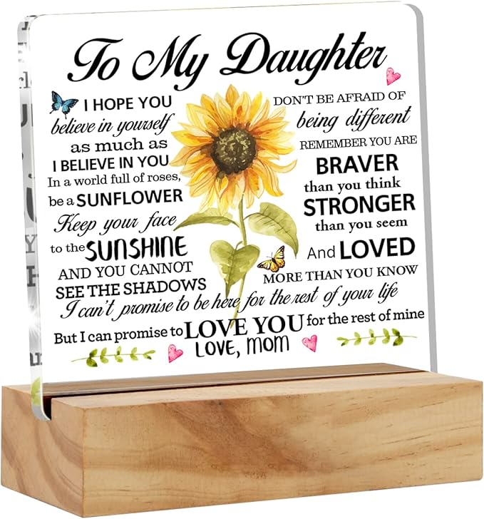 Sunflower Acrylic Desk Plaque Sign with Wood Stand - I Love You Gift for Daughter's Birthday or Christmas
