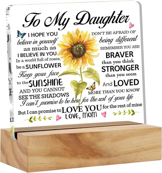 Sunflower Acrylic Desk Plaque Sign with Wood Stand - I Love You Gift for Daughter's Birthday or Christmas