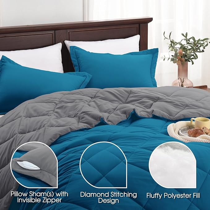 Basic Beyond Queen Comforter Set - Blue Comforter Set Queen, Reversible Bed Comforter Queen Set for All Seasons, Algiers Blue/Charcoal Gray, 1 Comforter (88"x92") and 2 Pillow Shams (20"x26"+2")