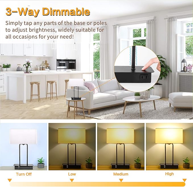 3-Way Dimmable Touch Control Table Lamp with 2 USB Ports and AC Power Outlet Modern Bedside Nightstand Lamp Fabric Shade and Metal Base for Guestroom Bedroom Living Room Hotel LED Bulb Included White