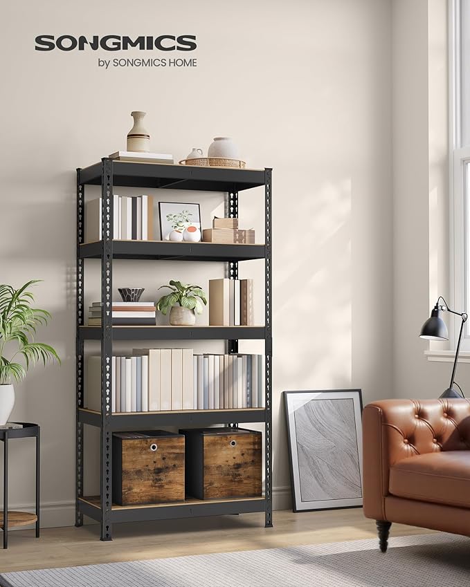 SONGMICS 5-Tier Storage Shelves, Load 2310 lb, Garage Storage, Boltless Assembly, Adjustable Shelving Unit, 17.7 x 35.4 x 70.9 Inches, for Study Shed Basement, Black and Rustic Brown UGLR450B11