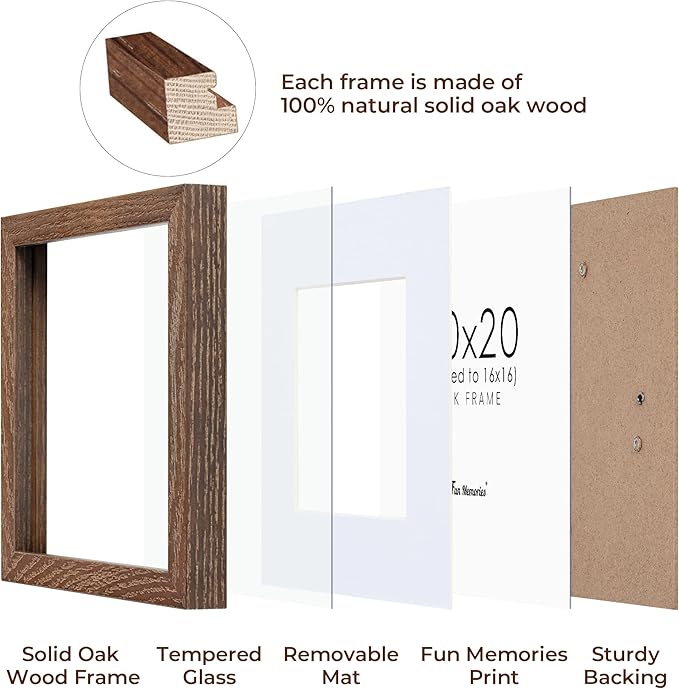 20x20 Picture Frame, Solid Oak Wood 20 by 20 Frame, Square Picture Frame 20 x 20 with mat for 16 x 16, 20x20 Wood Frame for Home Decor, 20 x 20 Poster Frame, Tempered Glass, Walnut Color, 1 Pack