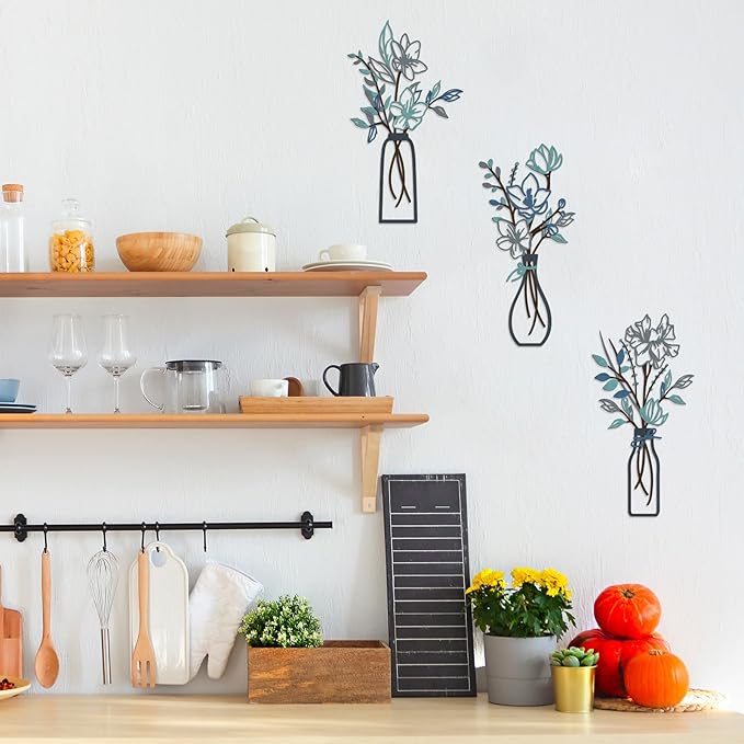 ARTINME 3 Pieces Metal Flowers Wall Arts - Rustic Farmhouse Decor Minimalist Flower Wall Decors for Living room Bathroom Kitchen Bedroom Dining Room - Housewarming Gifts (Blue)