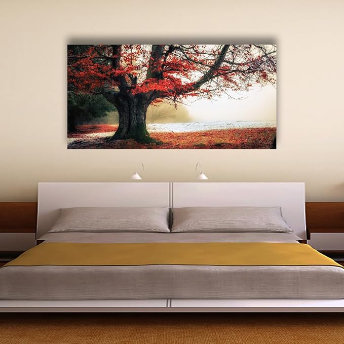 Stunning Nature Landscape Wall Art - 24x48 inches Canvas Artwork of Sunrise Forest Scenery with Red Leaves. Perfect Wall Decoration for Living Room, Bedroom and More