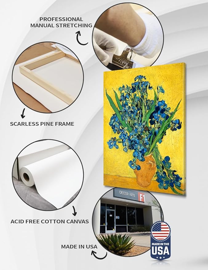 DECORARTS - Irises Vase Flower, Vincent Van Gogh Art Reproduction. Giclee Canvas Prints Wall Art for Home Decor 20x16