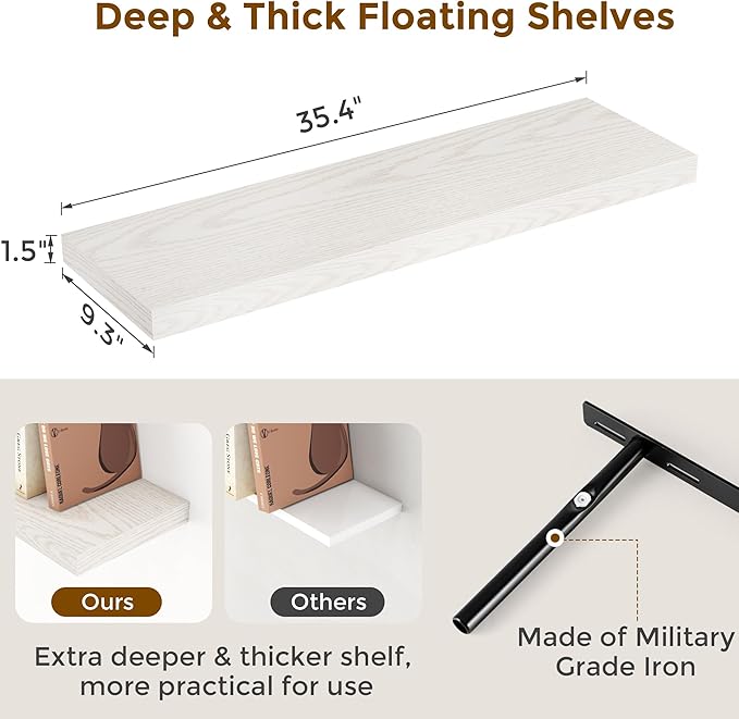 Fun Memories 36x9.3 Floating Shelves for Wall, Wood Floating Shelf 36 Inch Long, Large Deep Wall Shelves for Home Decor & Storage, Rustic Deep Shelf for Living Room, Bedroom, Kitchen, Brich Color