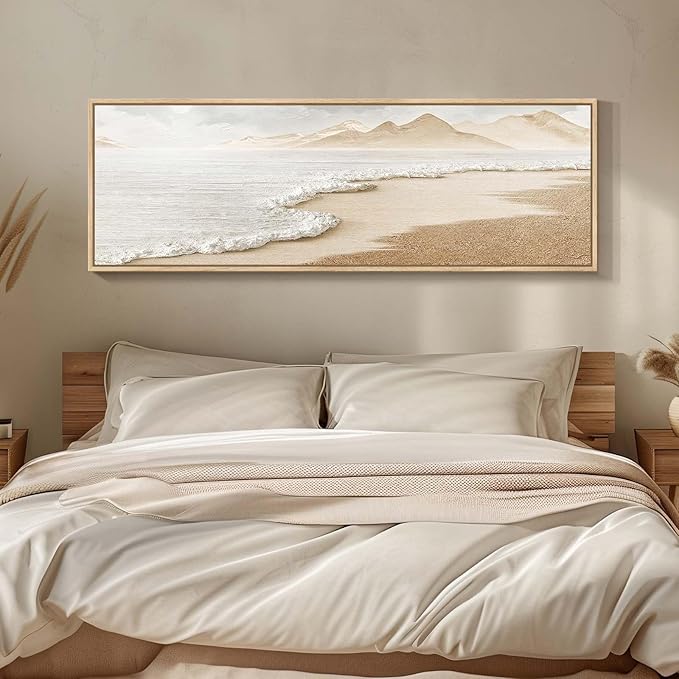 Framed Boho Coastal Beach Wall Art for Living Room, Large Neutral Ocean Canvas Artworks for Walls, Horizontal Abstract Minimalist Coastal Art Print for Bedroom Kitchen Office Wall Decor, 20x60 Inch