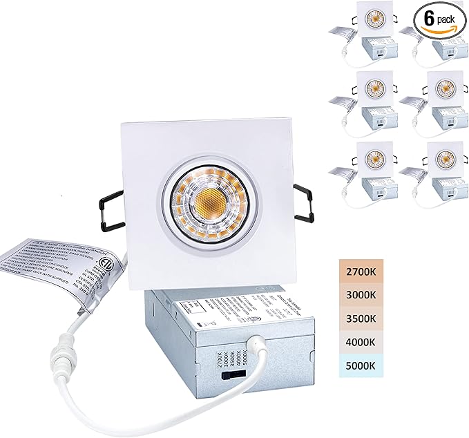 Canless Recessed Gimbal Downlight Rotatable-Spotlight 5 CCT 3 Inch Eyeball Ceilling Potlight, Dimmable Recessed Lights Fixture with Junction Box, 8W CCT Adjustable, White Square Finish, 6P