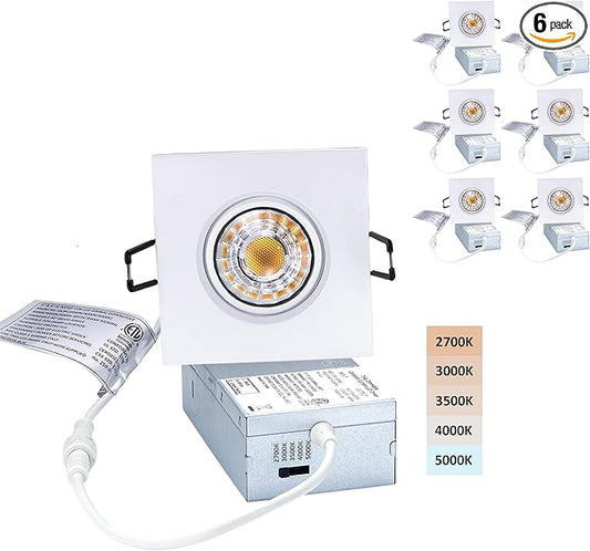 Canless Recessed Gimbal Downlight Rotatable-Spotlight 5 CCT 3 Inch Eyeball Ceilling Potlight, Dimmable Recessed Lights Fixture with Junction Box, 8W CCT Adjustable, White Square Finish, 6P