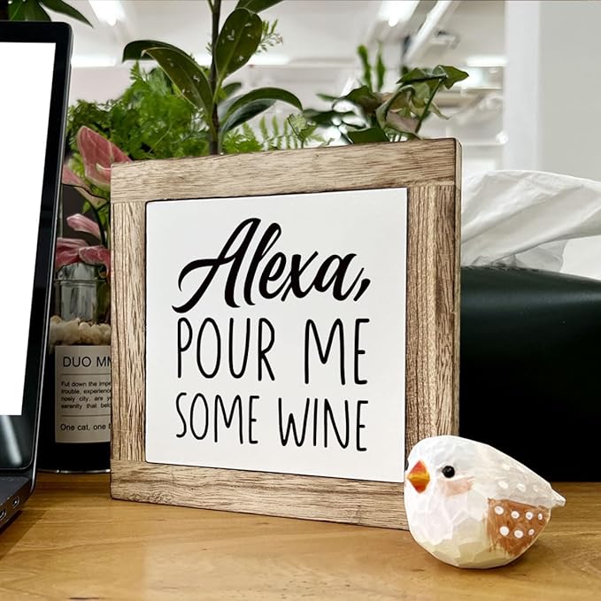 Kitchen Decor, Wooden Box Signs for Home Decor, Home Bar Decortion, Farmhouse Decortion Tabletop, Dining Room Decors Set, Home Decors Accents, Wine Sign, Alexa Pour Me Some Wine Sign
