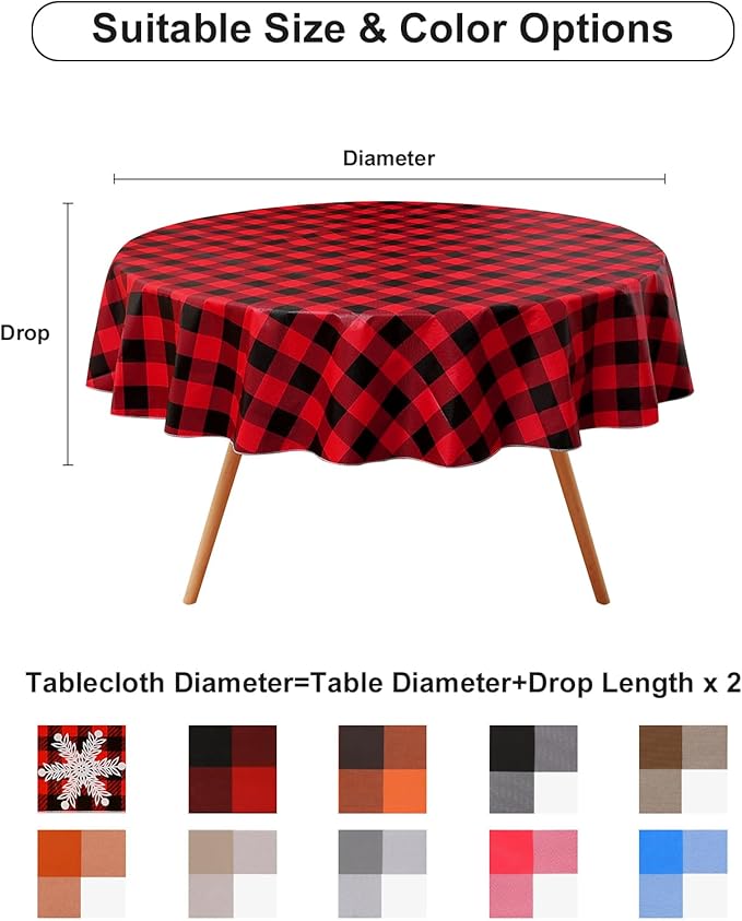 misaya Round Christmas Waterproof Vinyl Table Cloth, Buffalo Flannel Backed Tablecloth, Wipeable Plastic Table Cover for Dinner, Kitchen (60", Red and Black)