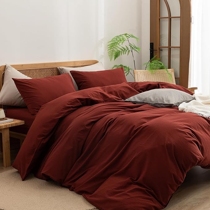 BESTOUCH Duvet Cover Set 100% Washed Cotton Linen Feel Super Soft Comfortable Chic Lightweight 3 PCs Home Bedding Set Solid Fired Brick Red Oversized King