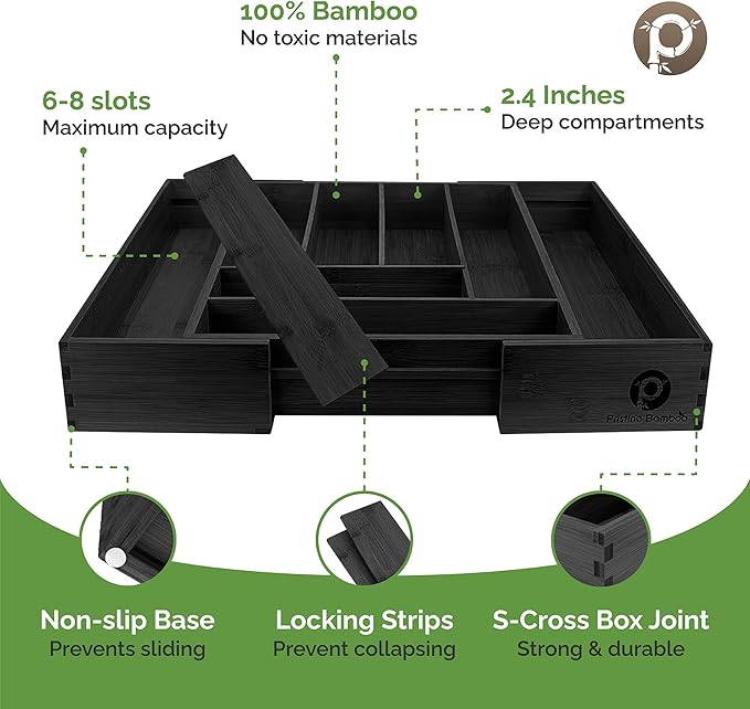 Silverware Tray - Drawer Organizer with Expandable Wooden Dividers (8-Slots, Black)