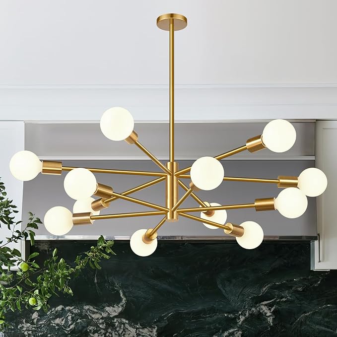 33" Modern Chandelier Ceiling Light Fixture, 12-Light Sputnik Chandeliers Brushed Gold Mid Century Chandelier Over Table, Height Adjustable Chandeliers for Dining Room Living Room Kitchen Island