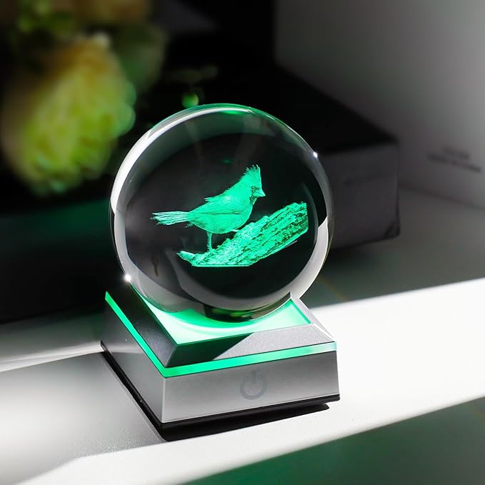 Cardinal Gifts for Women, Mom - 3D Crystal Ball 3.15in with Multicolor Led Light Base - Gifts for Daughter, Sister - Christmas Cardinal Statue Night Light Table Home Decor