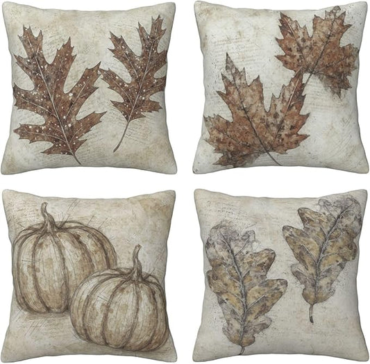 Fall Pumpkin Pillow Covers 20x20 inch Set of 4, Linen Autumn Outdoor Thanksgiving Harvest Maple Fallen Leaves Rustic Farmhouse Decorations for Sofa Couch