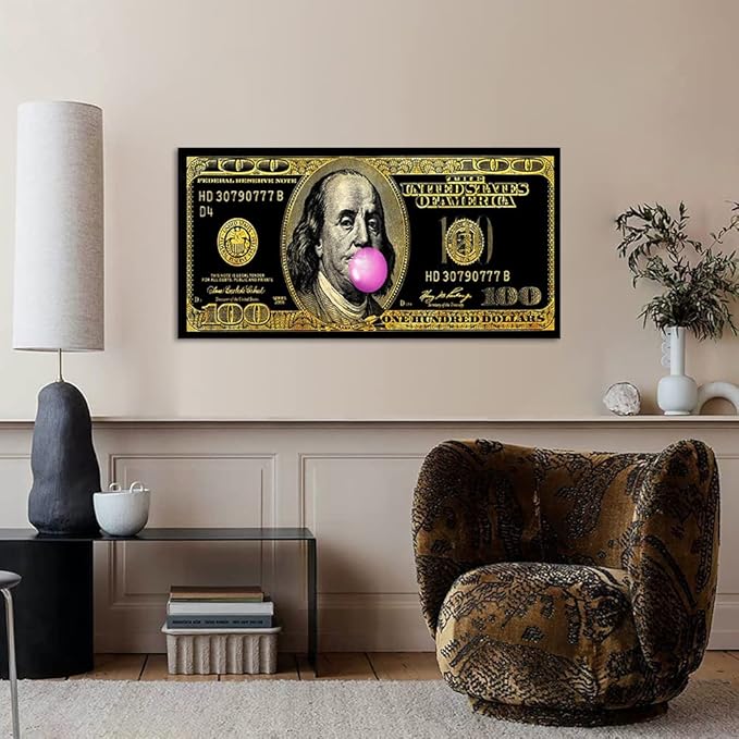 Motivational Money Art Print Dollars Canvas Office Home Decor for Walls Funny Franklin 100 Dollar Pop Art HD Print Black Golden Money Art for Living Room Bedroom Decor Framed Ready to Hang-32 Wx16 H