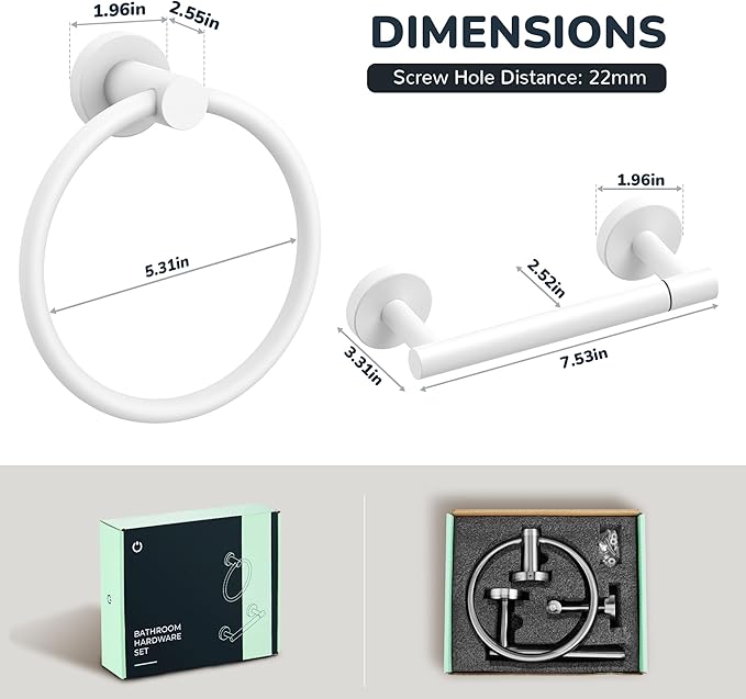 FORIOUS Toilet Paper Holder Wall Mount, SUS304 Stainless Steel Double Post Pivoting Tissue Roll Holder and Hand Towel Ring Set for Bathroom, RV, Bathroom Hardware Accessories Set, White