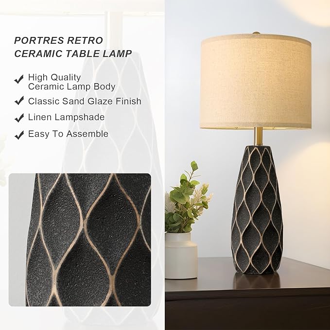 PORTRES 27.5" Ceramic Table Lamps for Bedroom Living Room Lamps Set of 2 Modern Bedside Nightstand Lamp Farmhouse Vintage Rustic Boho Retro Large Table Lamps Light Home Office Desk Deco Gifts, Black