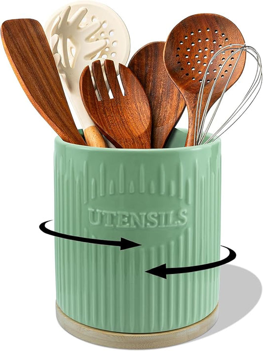 360° Rotating Utensil Holder, 7.6" Large Ceramic Kitchen Utensil Holder for Countertop with Bamboo Base, Stable Utensil Organizer, Farmhouse kitchen Decor, Green
