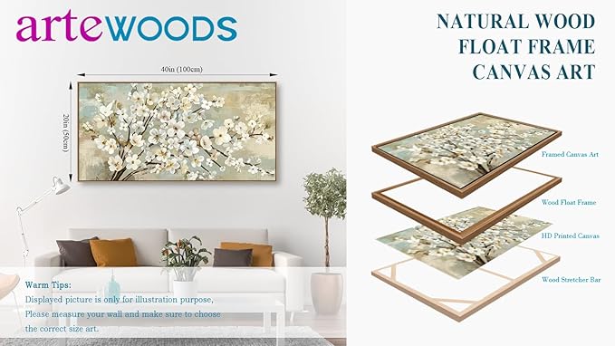 arteWOODS Flowers Framed Wall Art - Beige Flower Branches Canvas Pictures Wall Decor Rustic Brown Botanical Painting Artwork Elegant Floral Prints for Living Room Bedroom 40 x 20in Natural Wood Frame