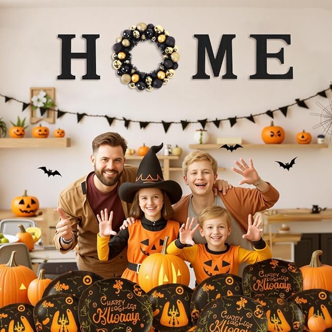 Wooden Home Sign with Artificial Halloween Wreath for O, Hanging Farmhouse Wall House Decor Wood Letters for Wall Art Rustic Home Decor Living Room Kitchen Entryway