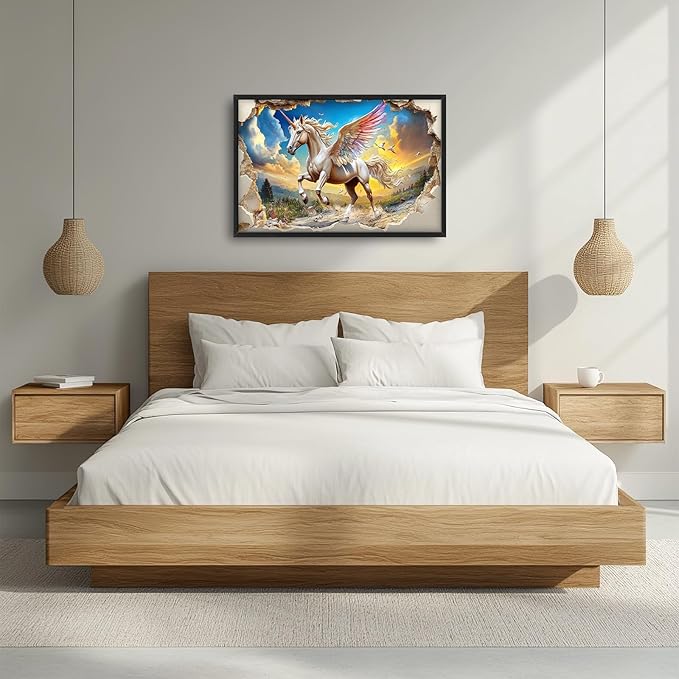 Framed Large Wall Art for Living Room, Unicorn Canvas Wall Decor, Large White Horse Pictures Framed Painting, Natural Landscape Artwork for Bedroom Office Home Decor 36L'' × 24W''