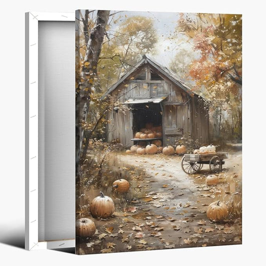 Fall Canvas Wall Art Farmhouse Pumpkin Barn Posters Retro Countryside Fall Pictures Prints Farmhouse Wall Decor for Home Living Room 8x12inch Framed