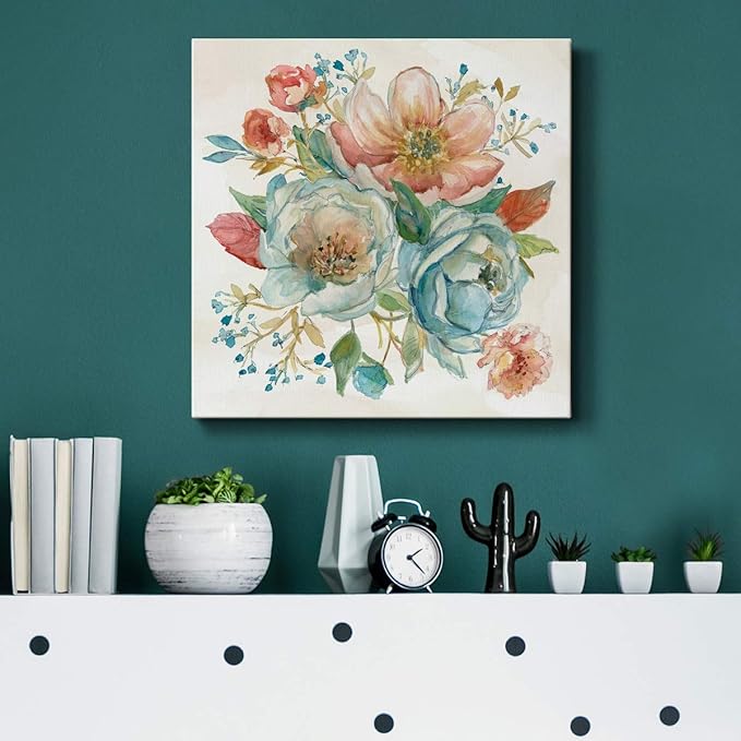 Wexford Home Square Premium Gallery Wrapped Canvas Flower Multicolor Wall Art Abstract Floral Romance Modern Pictures Print for Home Office, Ready to Hang, rose garden II, 16x16