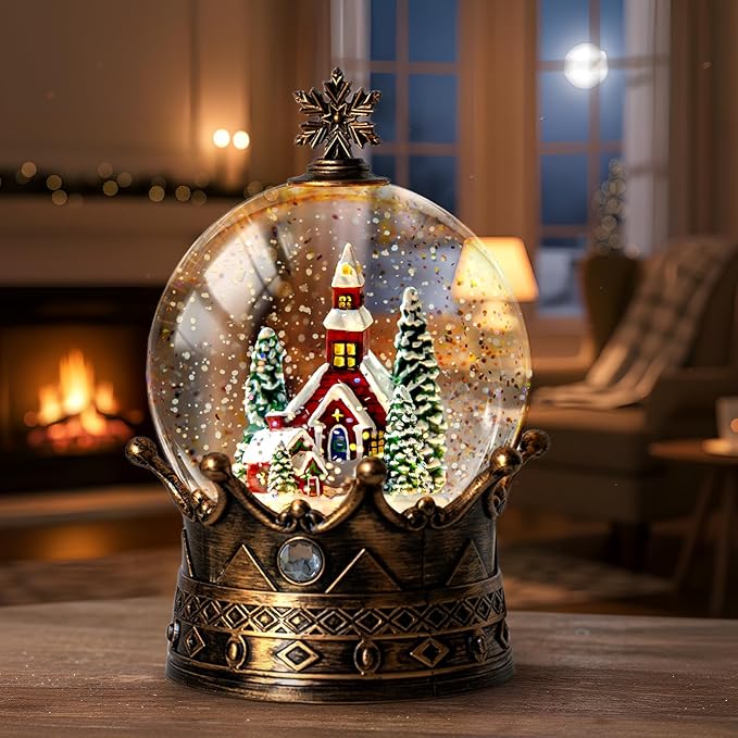 Christmas Snow Globe Lantern Water Glittering Churche Crown with Music, USB Lined/Battery Operated Lighted Lantern for Christmas Festival Decoration Gifts
